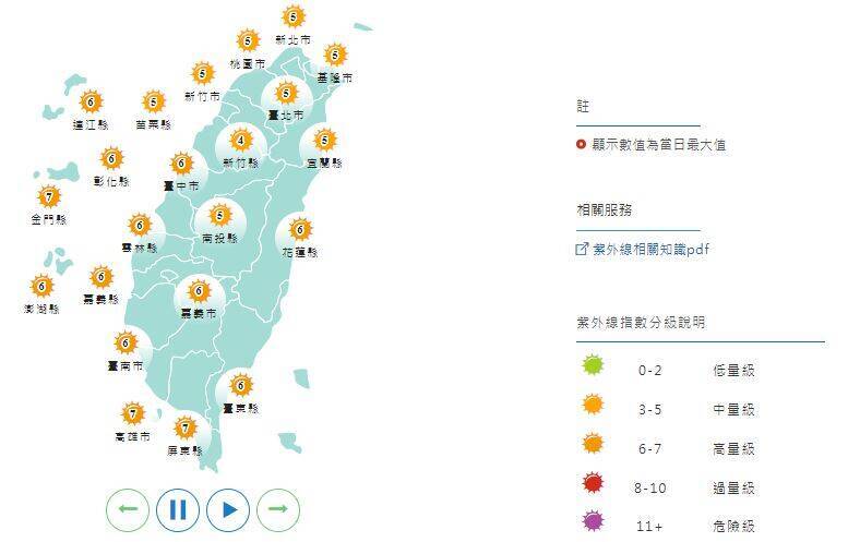 紫外線指數部分，全台皆為中高量級。（擷取自中央氣象署）